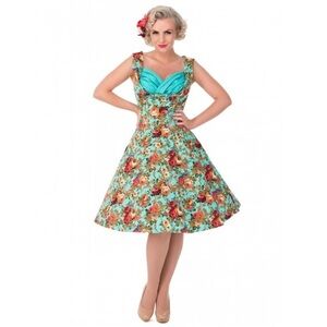 LINDY BOP Ophelia Turquoise Floral Print Swing Dress Midi Fit & Flare Size XS